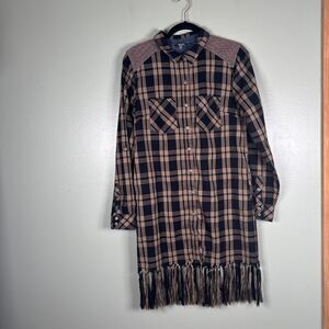 Miss Me Full Button Flannel Shirt Dress Plaid Pockets Fringe Cute Western Size S